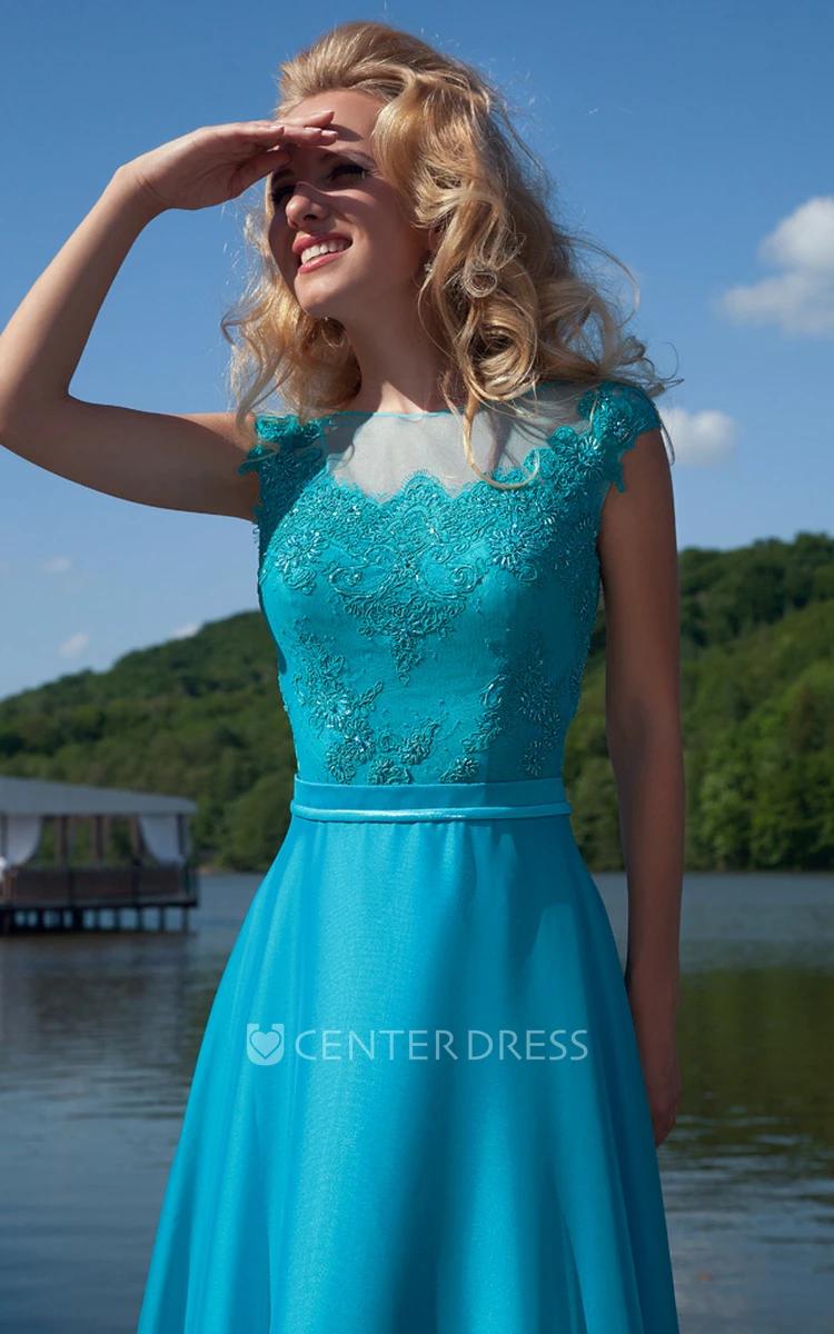 Long Appliqued Jewel-Neck Cap-Sleeve Chiffon Prom Dress With Bow