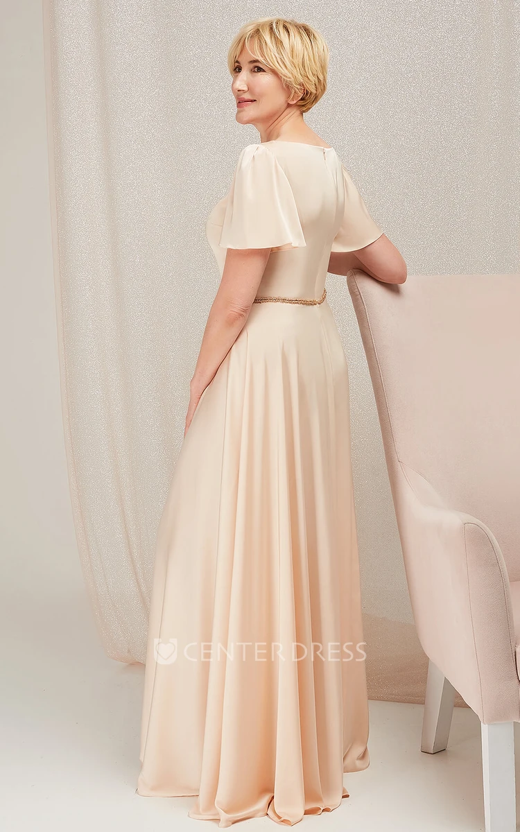 Modest A Line Bateau Satin Floor-length Mother of the Bride Dress with Beading