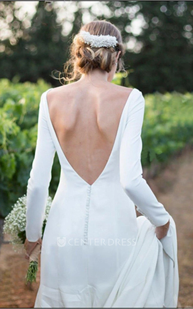 Simple Chiffon Sheath Long Sleeve Deep-V Back Bridal Gown