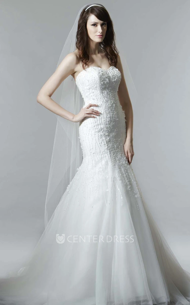 Maxi Mermaid Beaded Sweetheart Sleeveless Tulle Wedding Dress