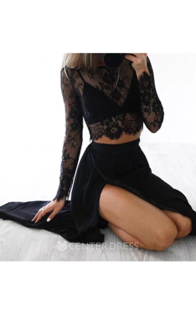 Illusion Long Sleeve Floor-length Sheath High Neck Chiffon Lace Dress