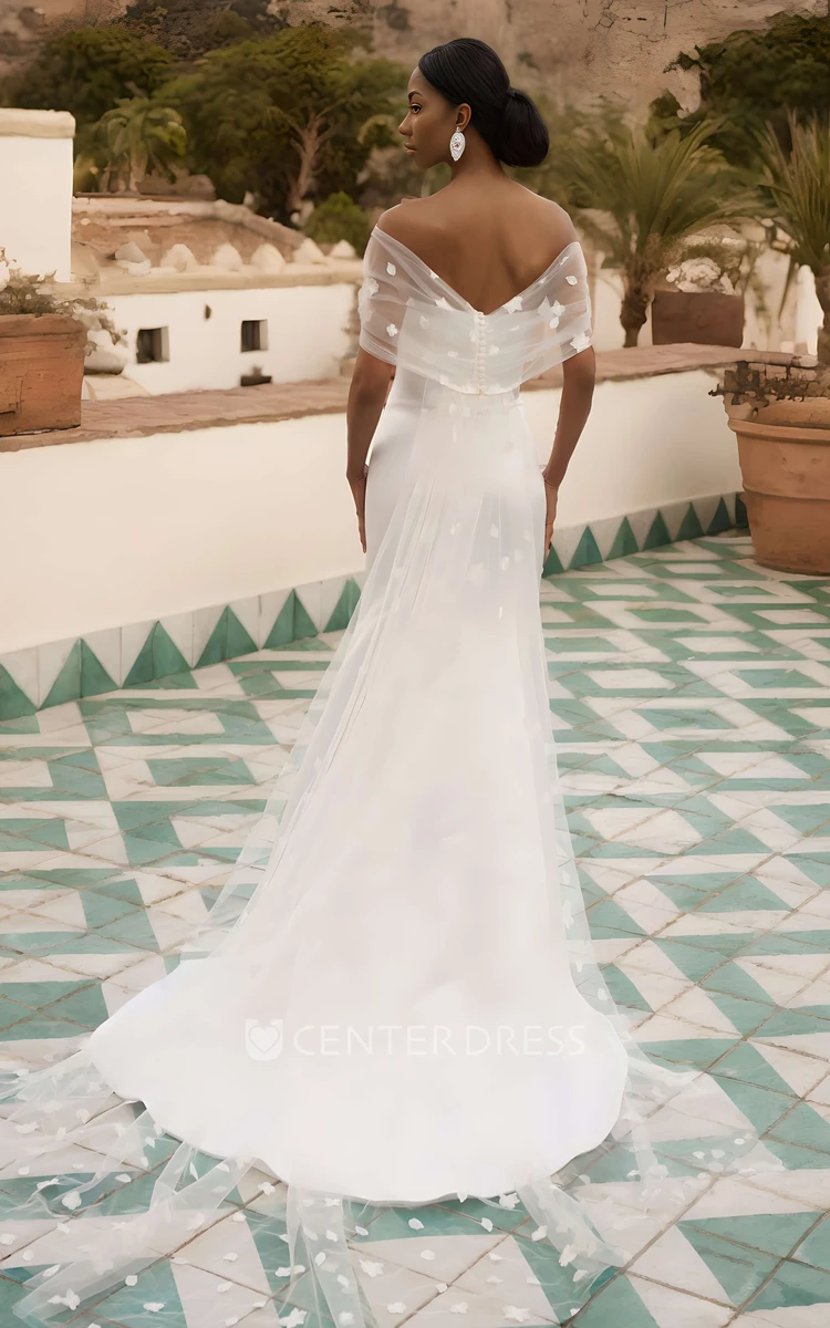 Minimalist Simple Mermaid off the Shoulder Wedding Dress Modern Beach Strapless Removable Train Bridal Gown