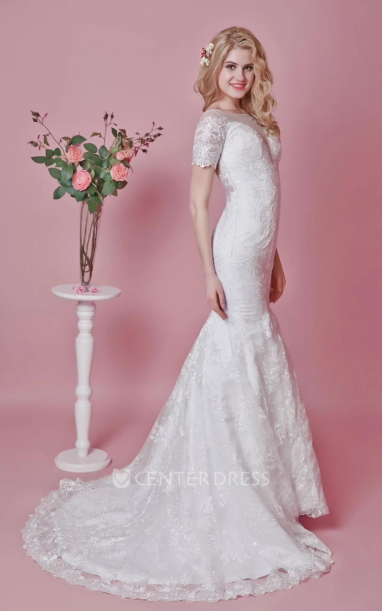 Modest Short Sleeve Lace Trumpet Wedding Dress With Illusion Back