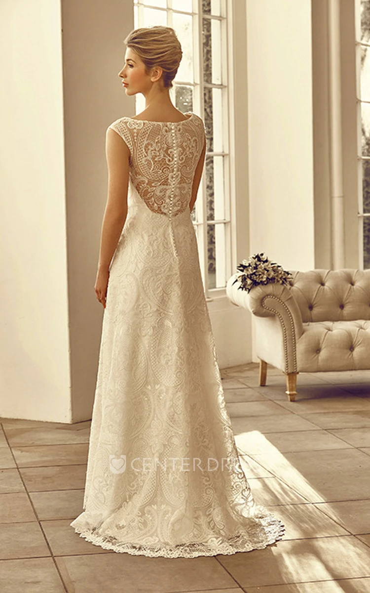 Floor-Length Bateau Cap-Sleeve Appliqued Lace Wedding Dress
