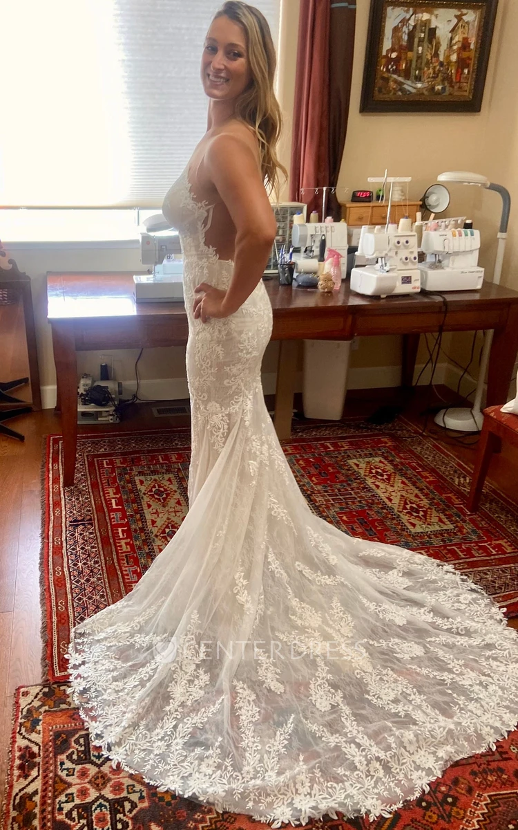Simple Mermaid Bateau Neck Lace Wedding Dress With Illusion Back And Appliques