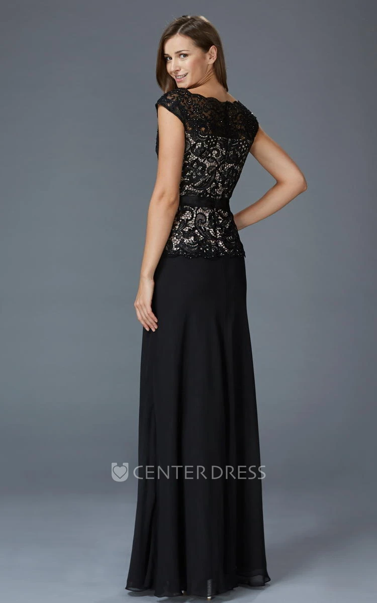 Sheath Long Scoop-Neck Cap-Sleeve Chiffon Zipper Dress With Lace And Appliques