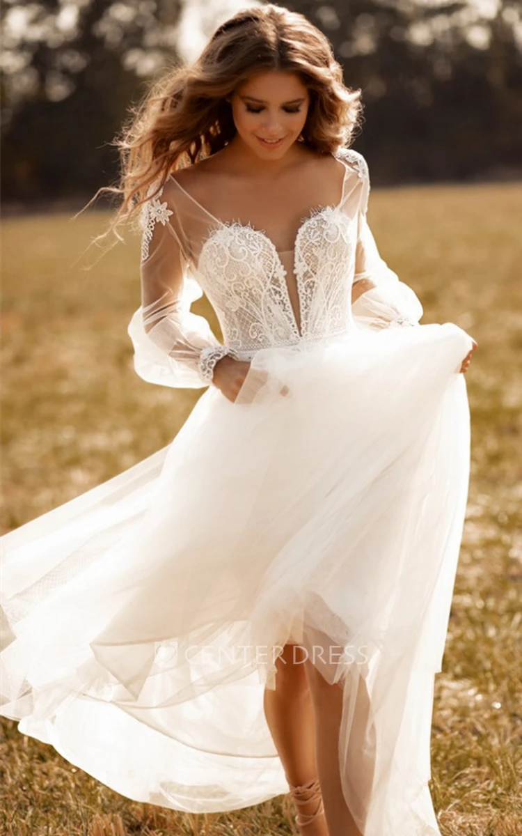 Romantic A-Line Plunging Neckline Tulle Wedding Dress with Appliques