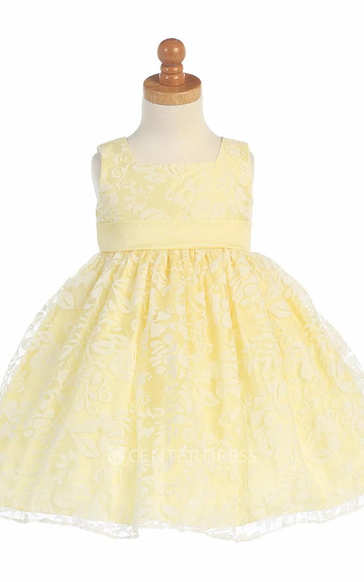 Floral Tea-Length Pleated Floral Empire Organza Flower Girl Dress With Sash