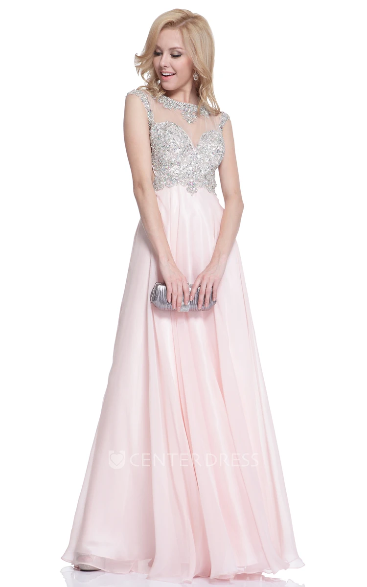A-Line Long Jewel-Neck Cap-Sleeve Empire Backless Dress With Beading And Pleats