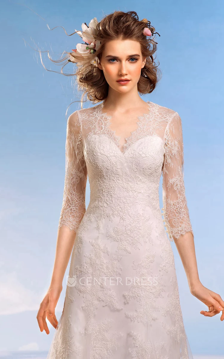 A-Line Floor-Length V-Neck 3-4-Sleeve Keyhole Lace Dress With Appliques