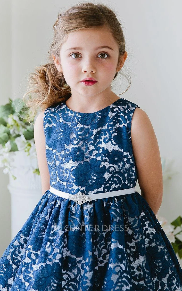 Tea-Length Beaded Floral Lace&Satin Flower Girl Dress With Ribbon