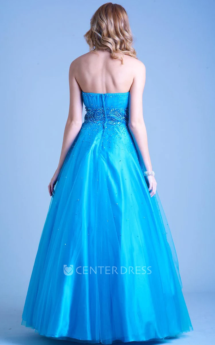 A-Line Sleeveless Long Strapless Ruched Tulle&Satin Prom Dress With Beading
