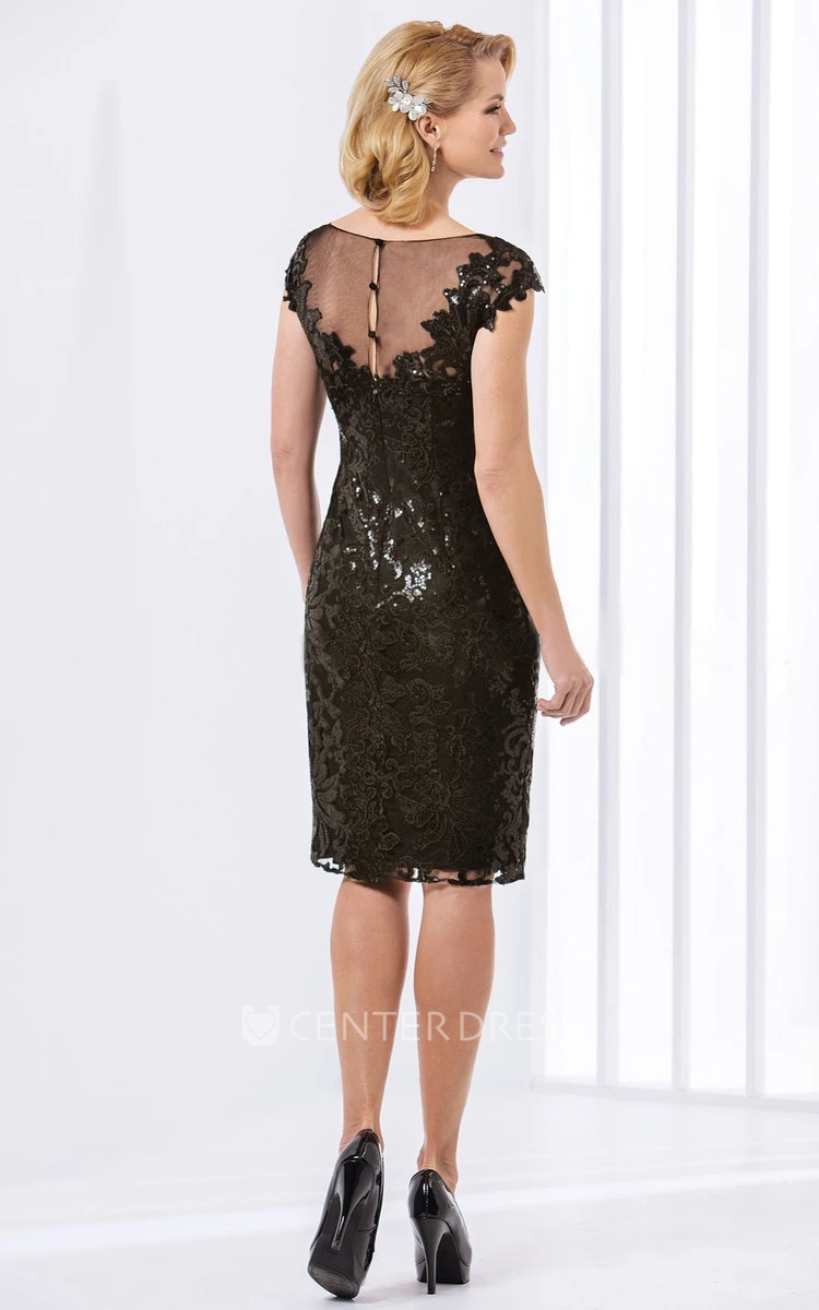 Cap-Sleeved Knee-Length Sheath Mother Of The Bride Dress With Sequins And Illusion Back