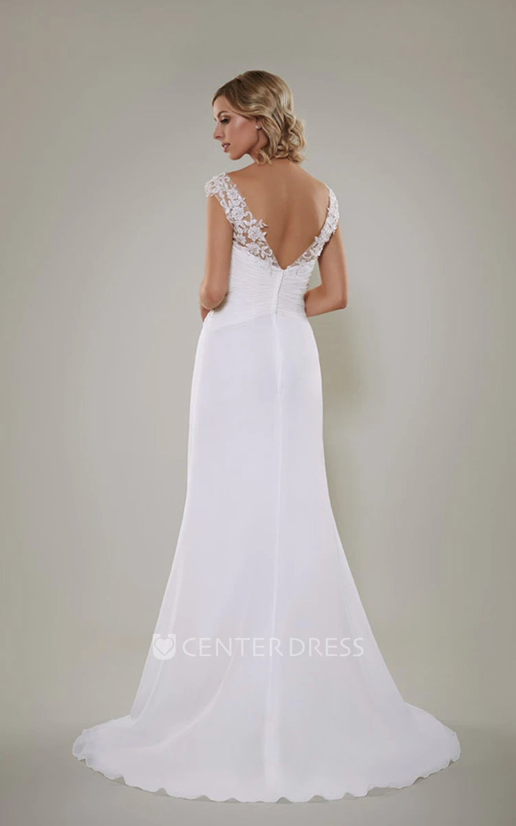 Sheath Floor-Length V-Neck Sleeveless Lace Chiffon Wedding Dress With Criss Cross And Draping