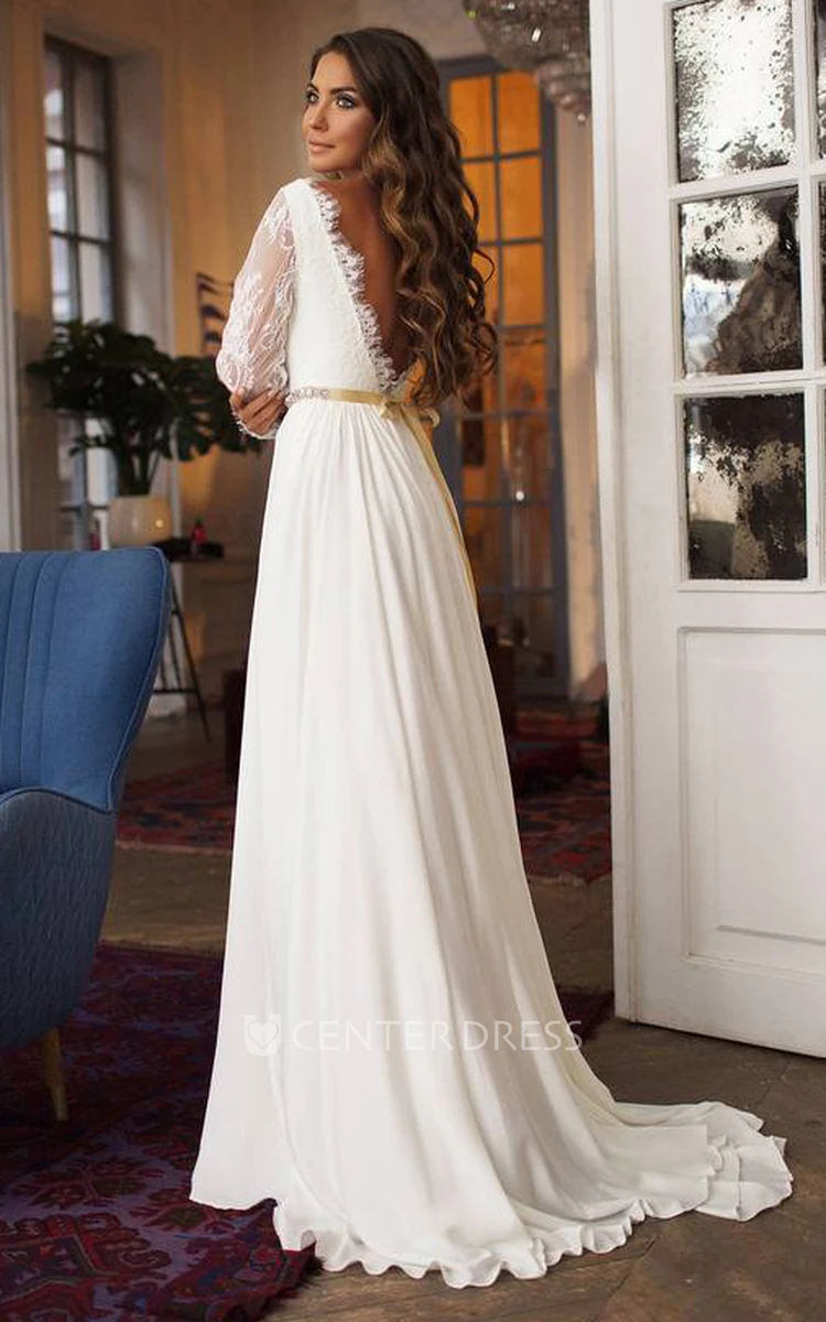 A Line Long Sleeve Taffeta Lace Modest Illusion Deep-V Back Wedding Dress