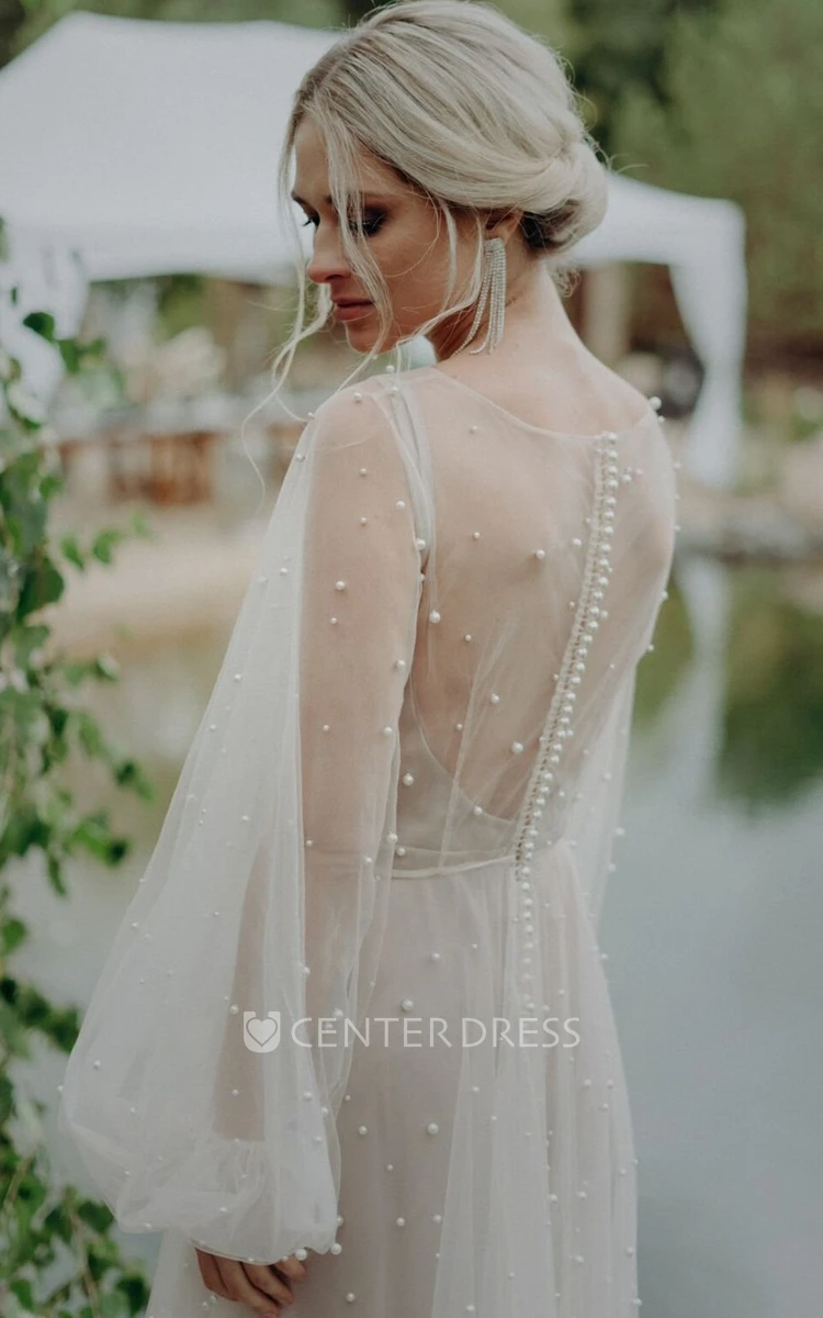 Unique Western Beach A-Line Pearl Puff Sleeve Wedding Dress Elegant Chic Country Garden Tulle Long Gown