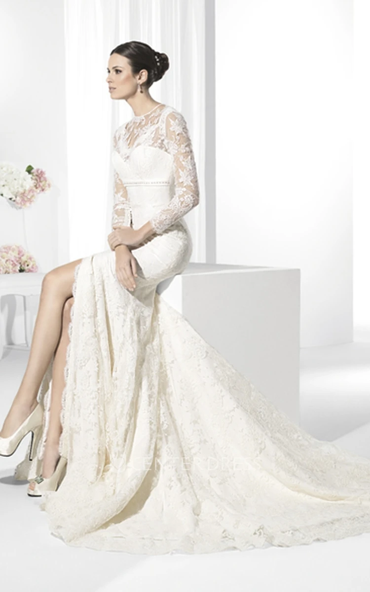 Trumpet Long-Sleeve Long High Neck Lace Wedding Dress With Appliques And Illusion