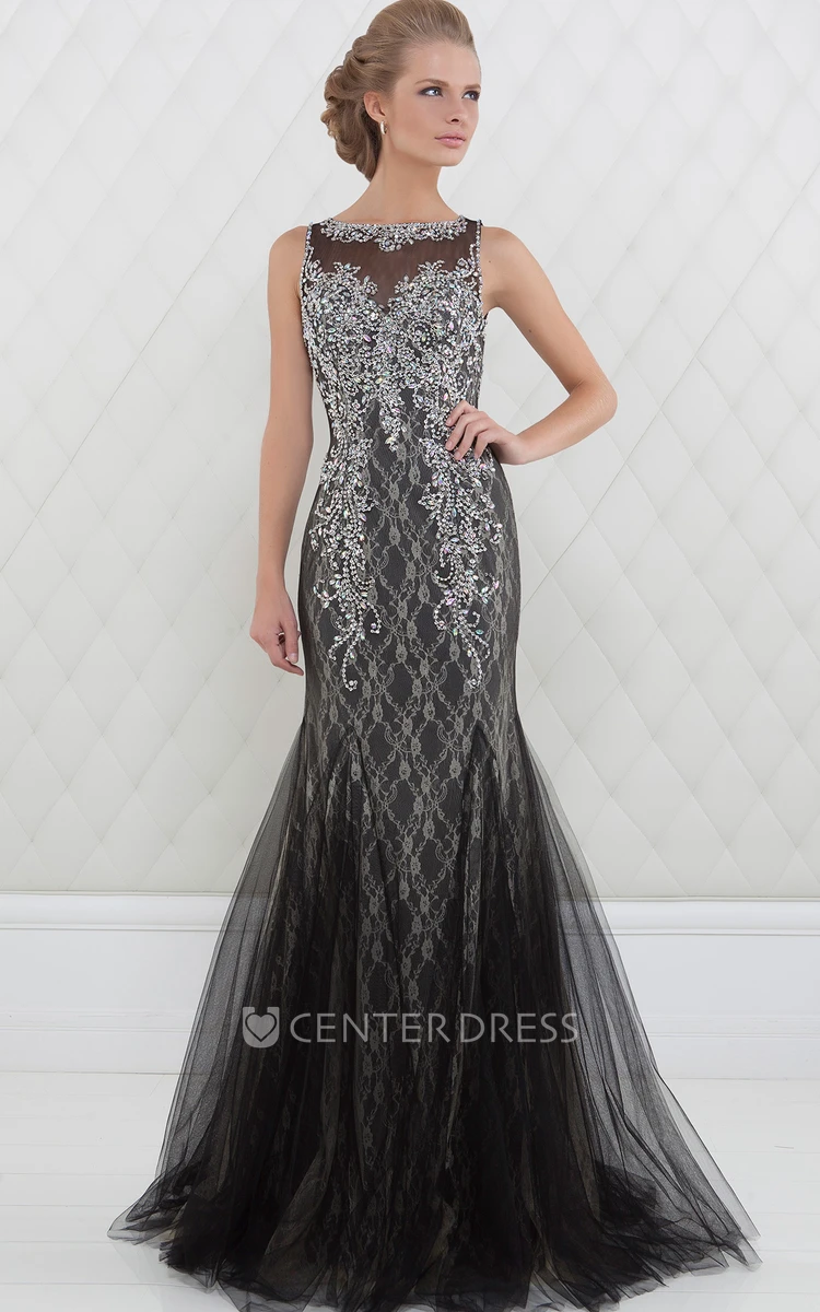 Trumpet Beaded Floor-Length Sleeveless Bateau-Neck Tulle Prom Dress With Lace