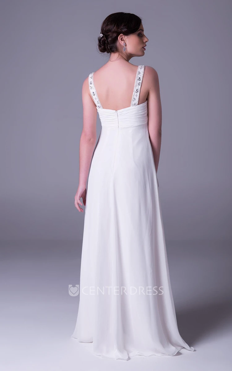 Sheath Empire Sleeveless Beaded Floor-Length Scoop-Neck Chiffon Wedding Dress With Ruching