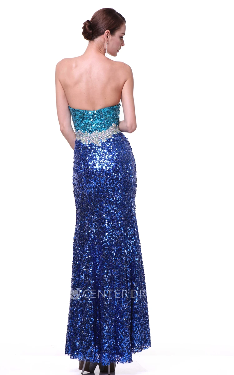 Sheath Long Notched Sleeveless Sequins Backless Dress With Split Front And Beading