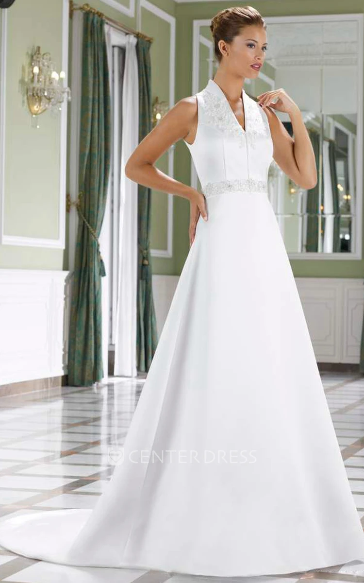 A-Line V-Neck Sleeveless Appliqued Floor-Length Satin Wedding Dress With Waist Jewellery