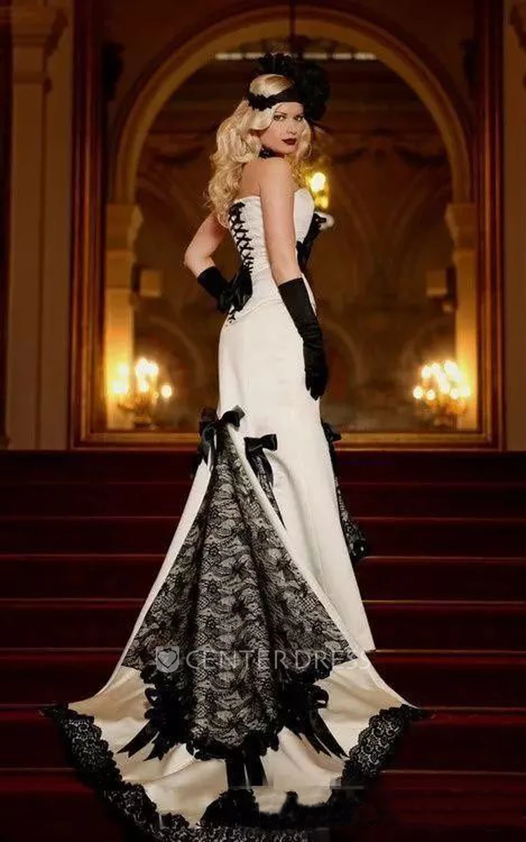Sleeveless Mermaid Sweetheart Satin Lace Floor-length Court Train Wedding Dress with Bow