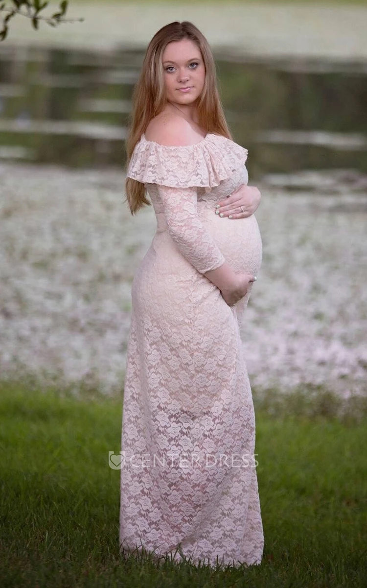 Empire Lace Off-the-shoulder Long Sleeve Lace Maternity Wedding Dress