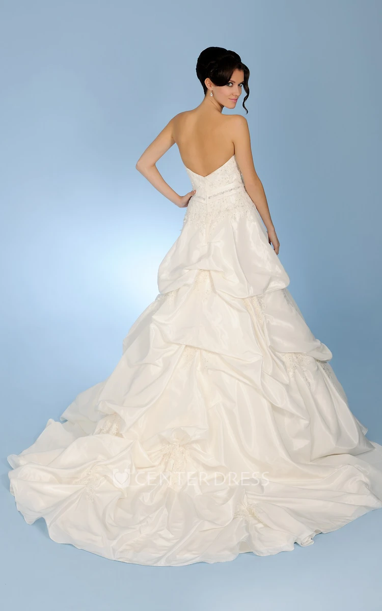A-Line Long Jeweled Sweetheart Taffeta Wedding Dress With Beading And Pick Up