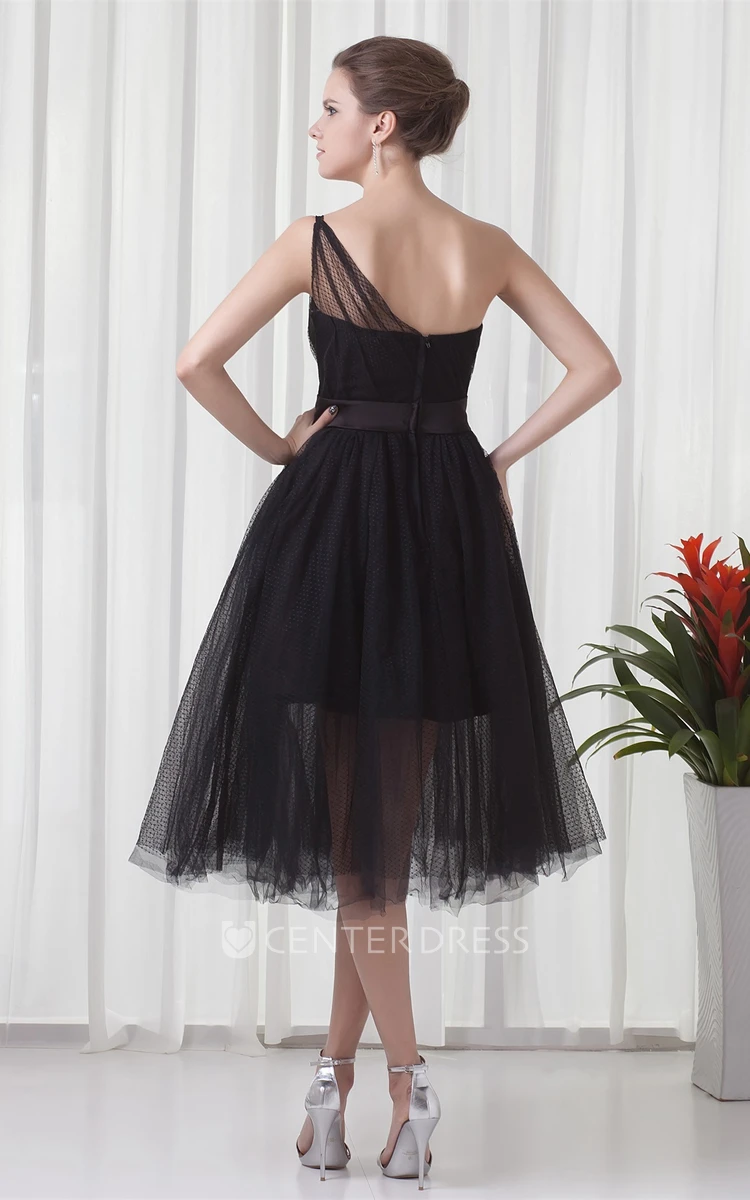 Tea-Length One-Shoulder A-Line Tulle Prom Dress with Pleats