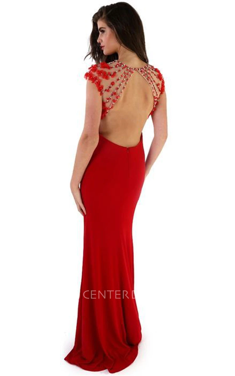 Sheath Beaded Floor-Length Cap-Sleeve Scoop Jersey Prom Dress With Keyhole Back And Flower