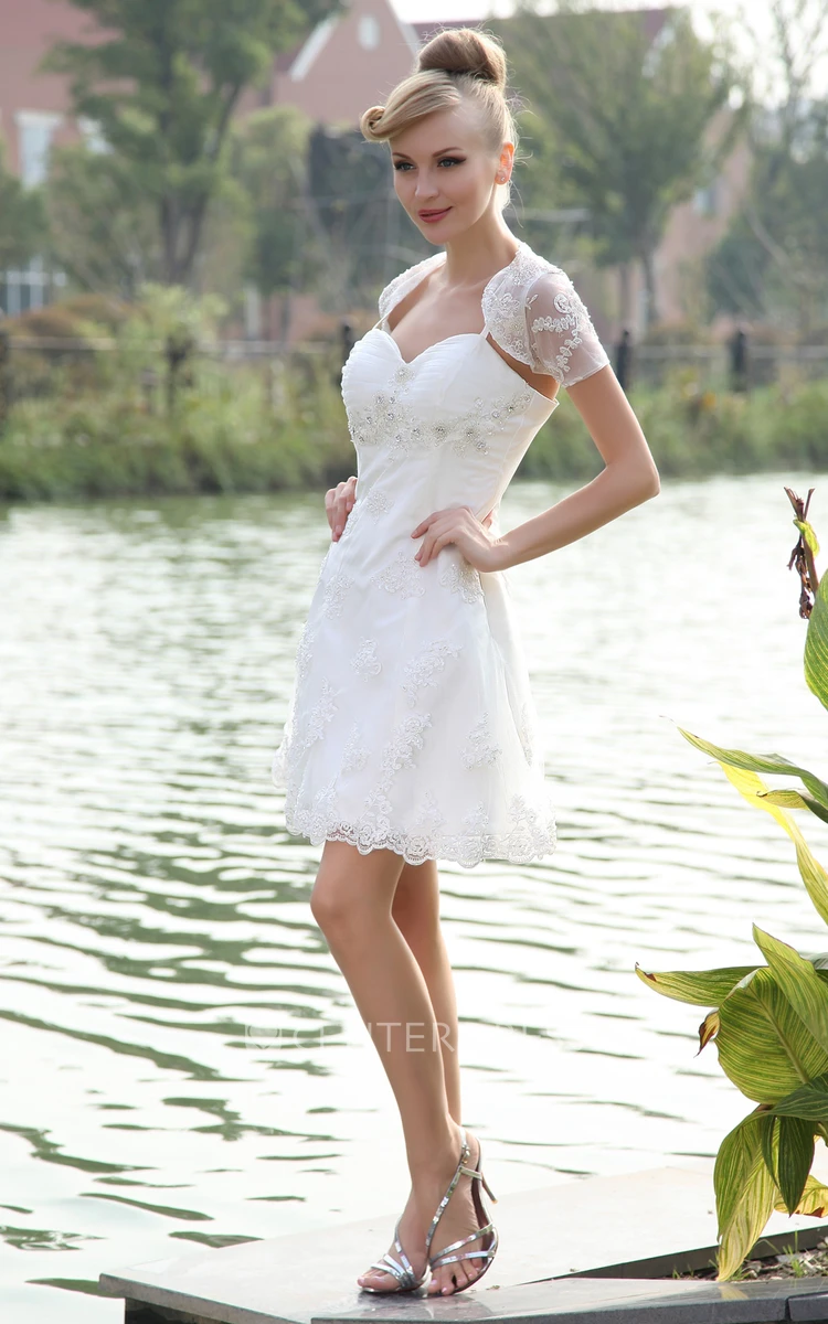 Cute Spaghetti Straps Short Lace Wedding Dress With Lace Jacket