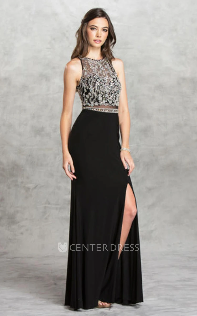 Sheath High Neck Sleeveless Jersey Illusion Dress With Beading And Split Front
