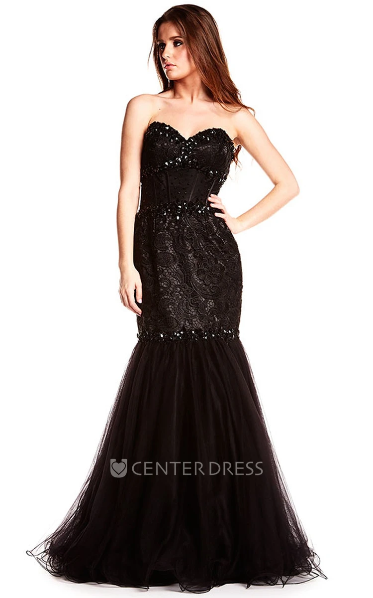 Mermaid Beaded Floor-Length Sleeveless Sweetheart Tulle Prom Dress With Backless Style And Lace