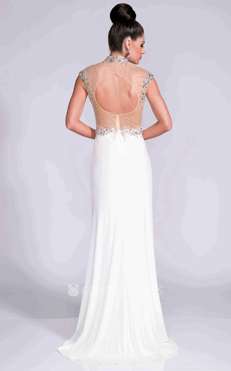 High Neck Cap Sleeve Keyhole Back Jersey Prom Dress With Shining Top