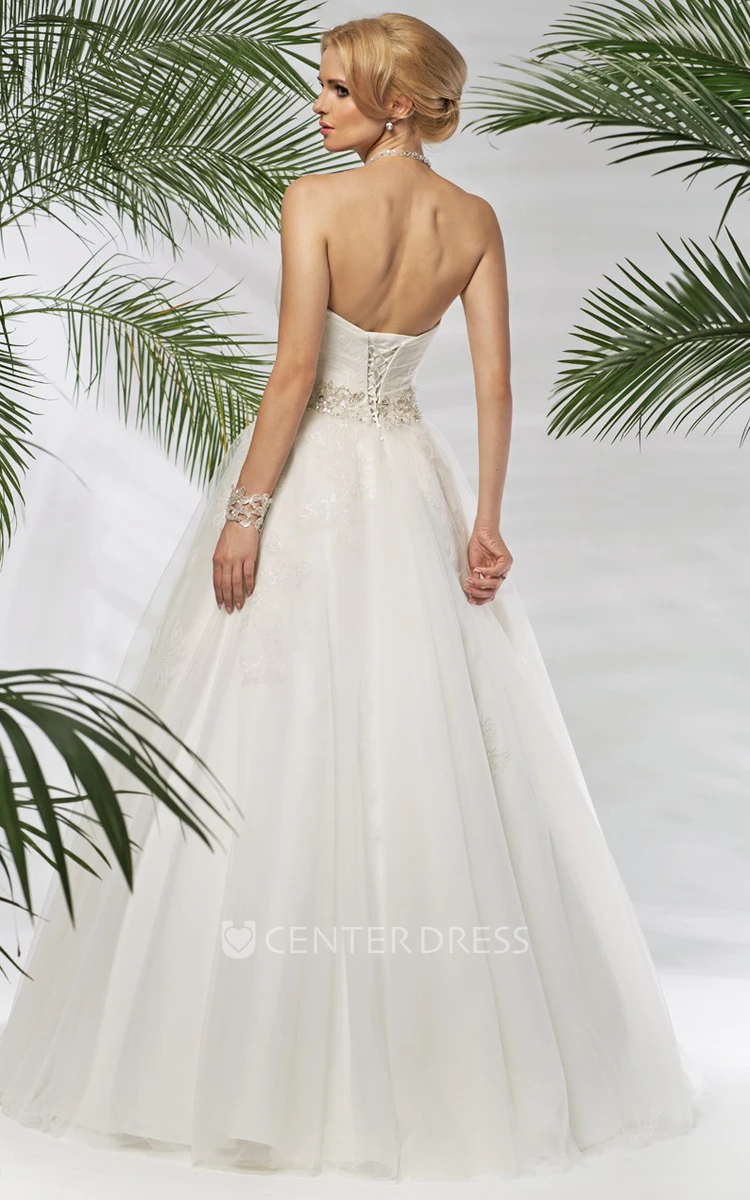 A-Line Sweetheart Sleeveless Floor-Length Criss-Cross Tulle Wedding Dress With Waist Jewellery