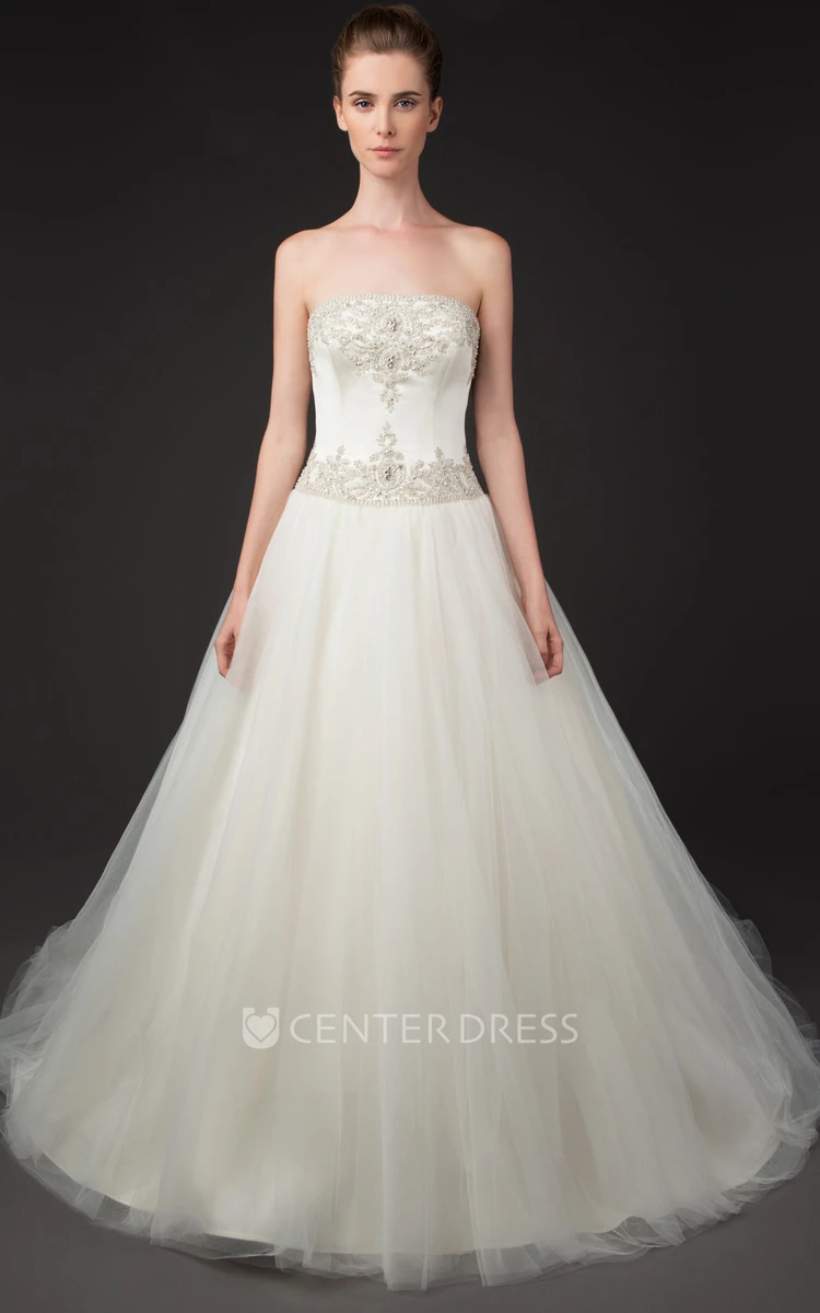 A-Line Strapless Beaded Tulle Wedding Dress With Chapel Train