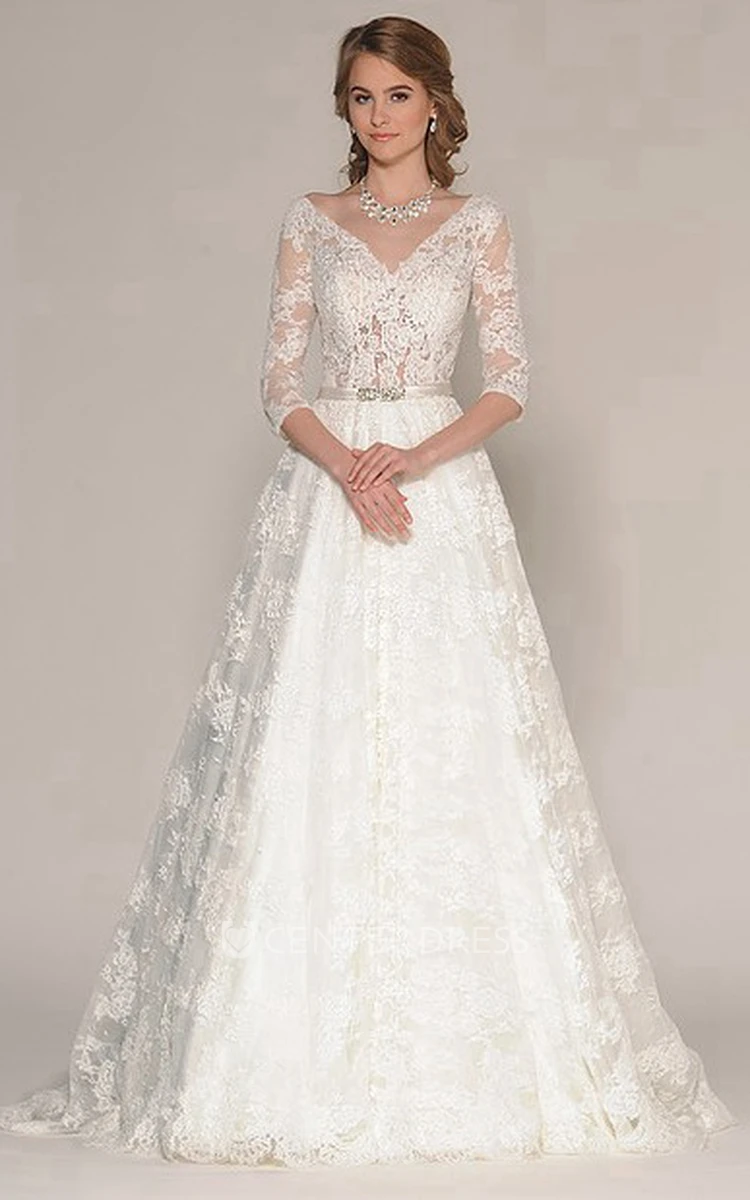 A-Line 3-4-Sleeve Appliqued V-Neck Maxi Lace Wedding Dress
