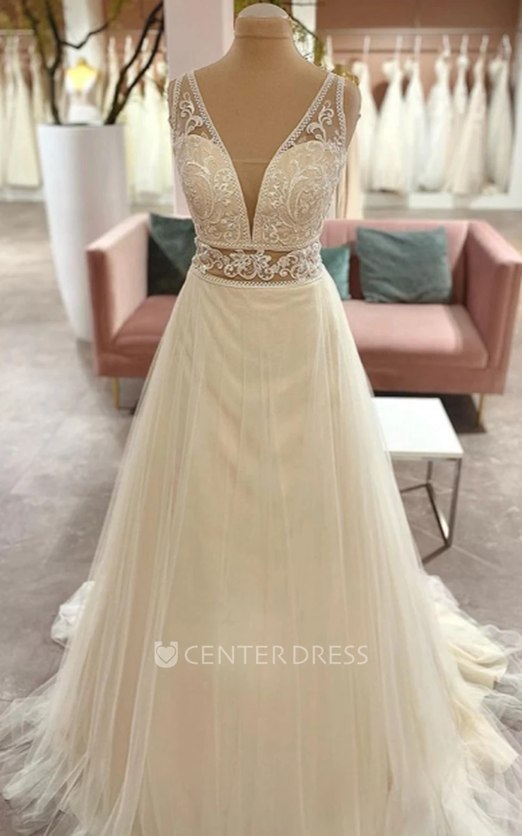 Casual Plunging Neckline A Line Tulle Sleeveless Floor-length Wedding Dress with Appliques