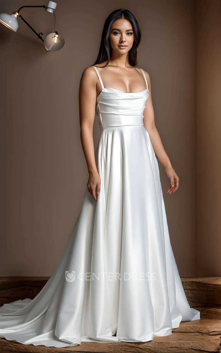 Simple Solid A-Line Ruching Satin Floor-length Sleeveless Wedding Dress Sexy Elegant Straps Square Neck Beach Backless Button Zipper Bridal Gown