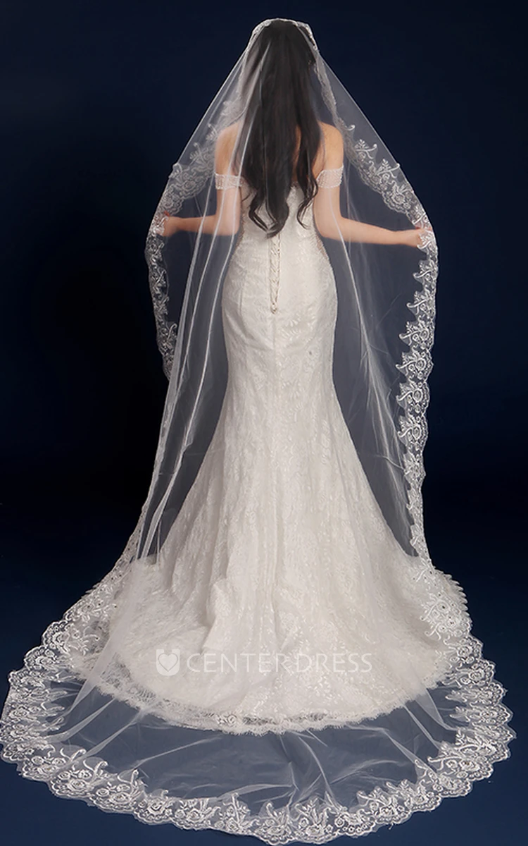 Beautiful Long Tulle Chapel Wedding Veil with Lace Edge