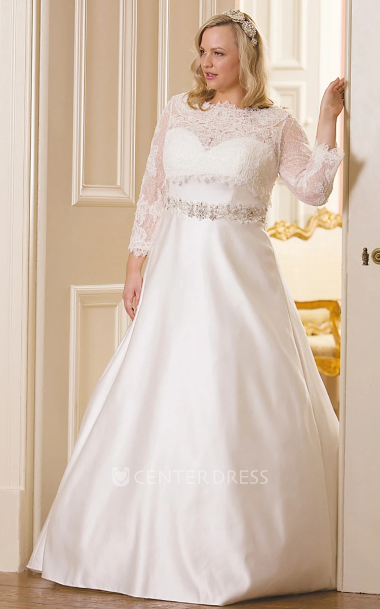 Ball Gown Long Long-Sleeve Bateau-Neck Jeweled Satin Plus Size Wedding Dress With Appliques And Illusion