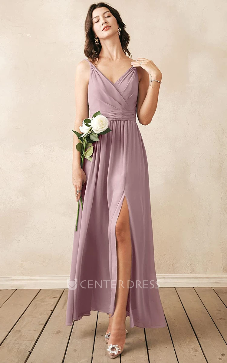 Romantic Chiffon Ankle-length V-neck A Line Sleeveless Bridesmaid Dress With Ruching