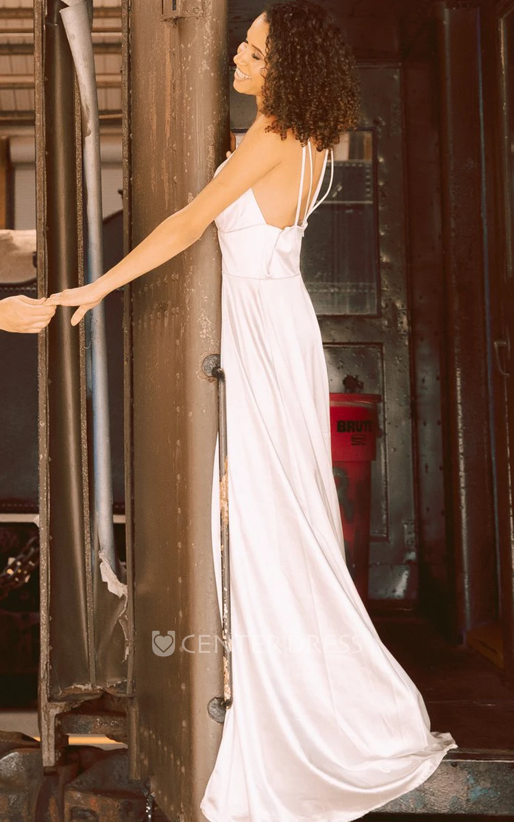 Plunging Neckline Satin A-Line Elegant Wedding Dress With Open Back And Split Front