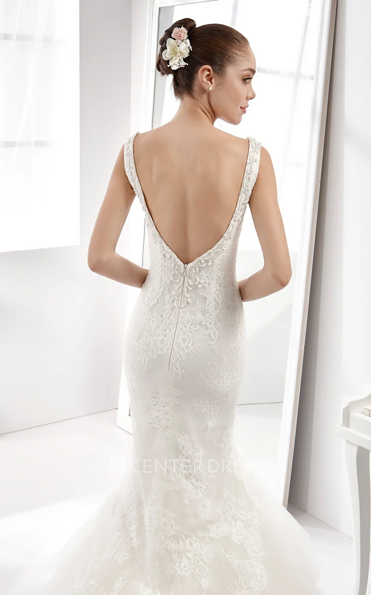 Deep-V Sheath Lace Gown With Tiers Tulle Train And Open Back