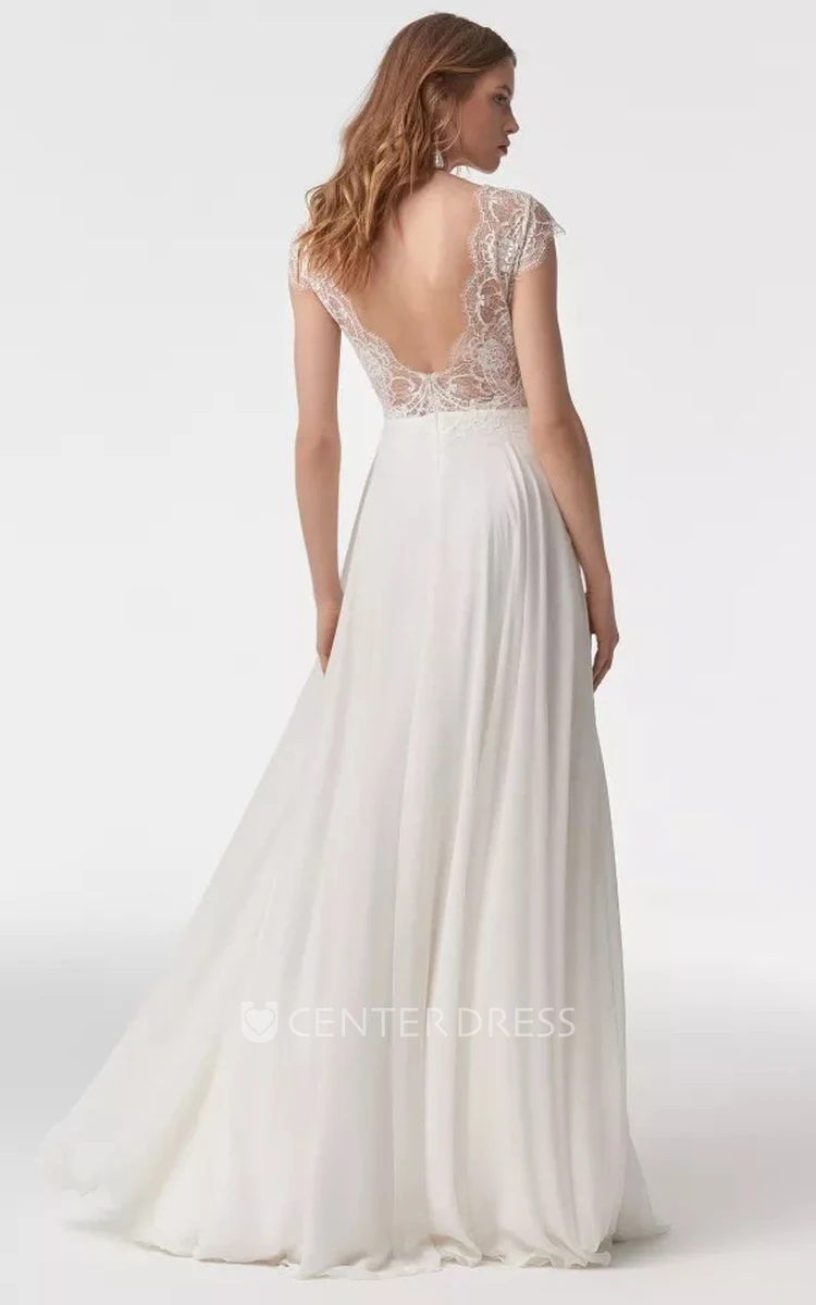 Casual Chiffon Long Sleeve Illusion A Line Cap Wedding Dress with Lace