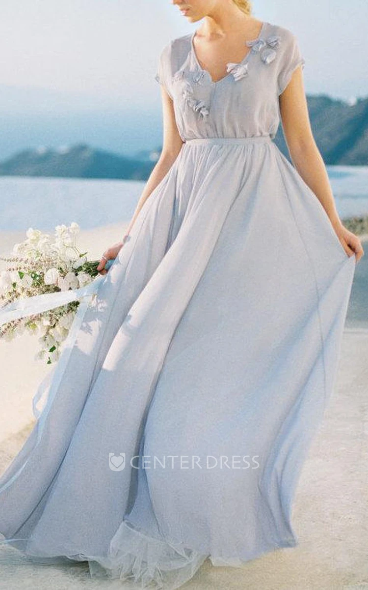 Gentle Grey Wedding With Floral Decoration Romantic Wedding Gown Chiffon Wedding Of Grey Color Dress