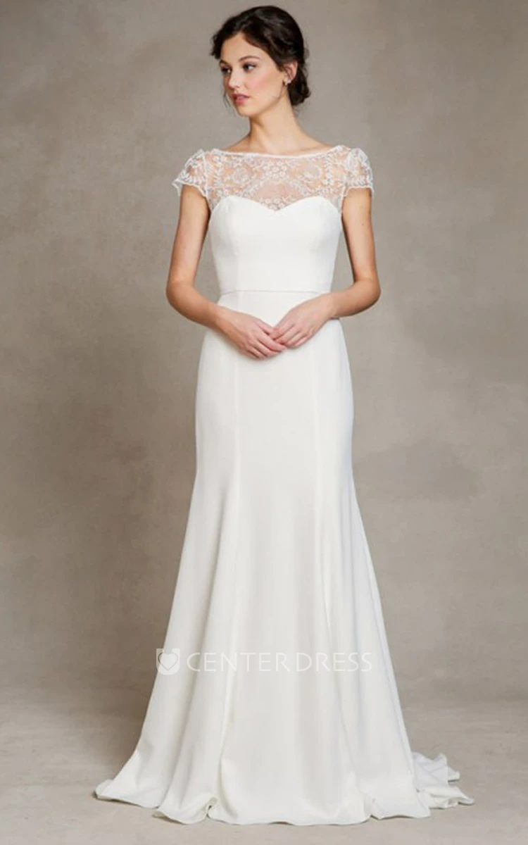 Sheath Scoop-Neck Floor-Length Cap-Sleeve Satin Wedding Dress
