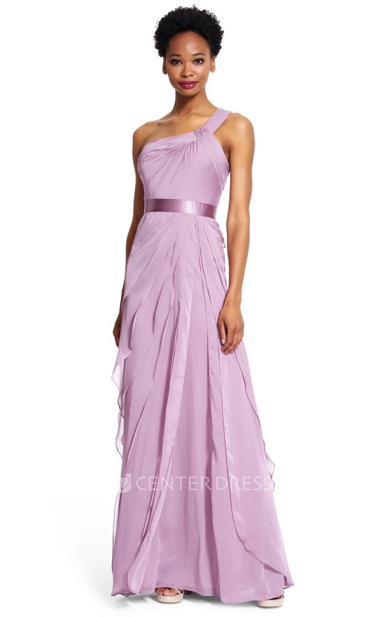 Sheath One-Shoulder Draped Floor-Length Chiffon Bridesmaid Dress With Tiers And Zipper