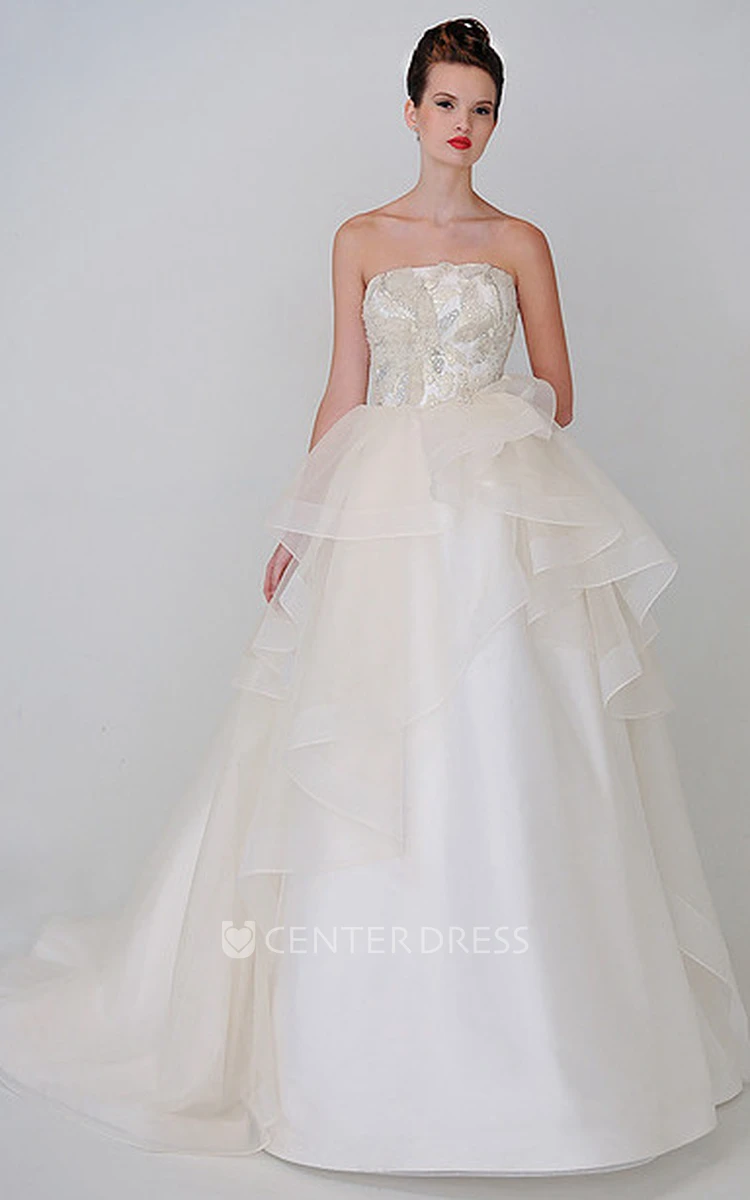 Ball Gown Strapless Maxi Satin Wedding Dress With Beading And V Back