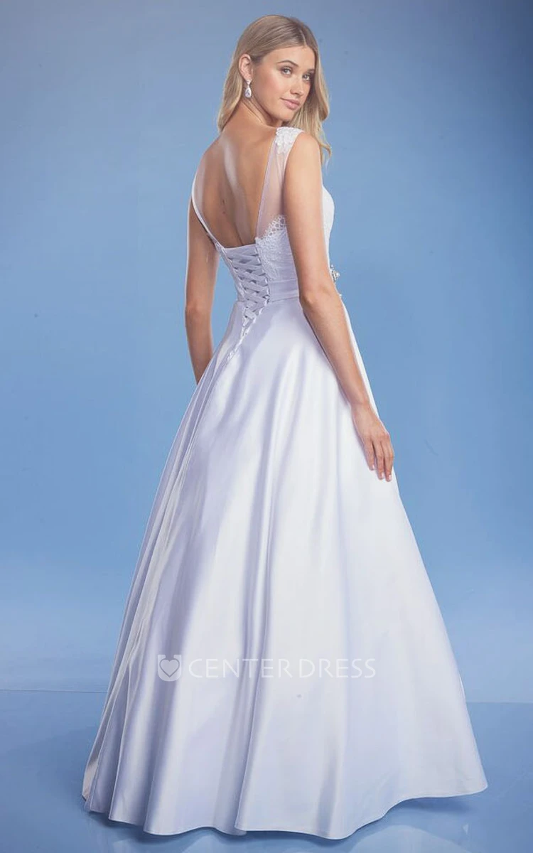 A-Line Sleeveless Bateau Lace Maxi Satin Wedding Dress With Broach And Lace-Up Back